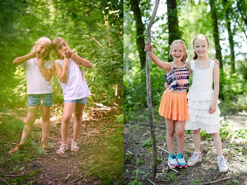 Twee meisjes spelen samen in het bos, lachend kinderfeestje fotoshoot Zoetermeer — Familieshoot Stefan Segers