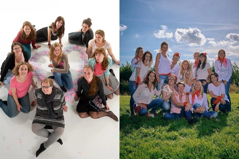 Grote groep vriendinnen viert vrijgezellenfeest met bruid, groepsfoto Zoetermeer — Familieshoot Stefan Segers